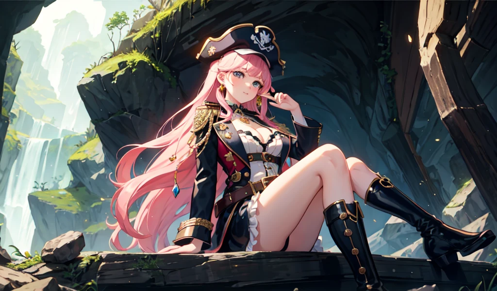 masterpiece, Highest quality, One girl, alone, a girl in pirate suit with Long Hair sitting on the treasure and coin in a cave, treasure, gem, gem, coin, Glitter, Long Hair, Pink Hair, Cleavage, Captain Hat, boots, Frills, Long coat, belt, Crossed_feet, Proud face, frome below,Angle from below