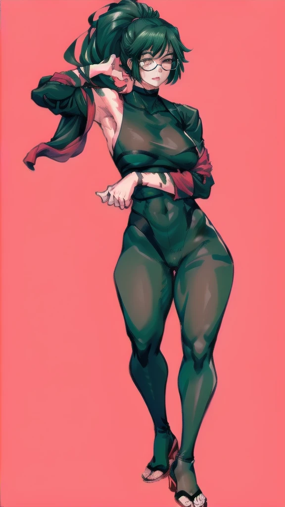 Full body image of Maki Zenin from Jujutsu Kaisen after the Zenin clan incident, full body in image, wearing her post-clan outfit (dark green jacket with sleeves torn off, harem pants, and black shoes, with glasses), long hair tied in a ponytail, female body, athletic and muscular body, visible scars on her face and arms, dynamic pose, detailed pose, simple background, expressive face showing determination, focus on face, line art, sketch
