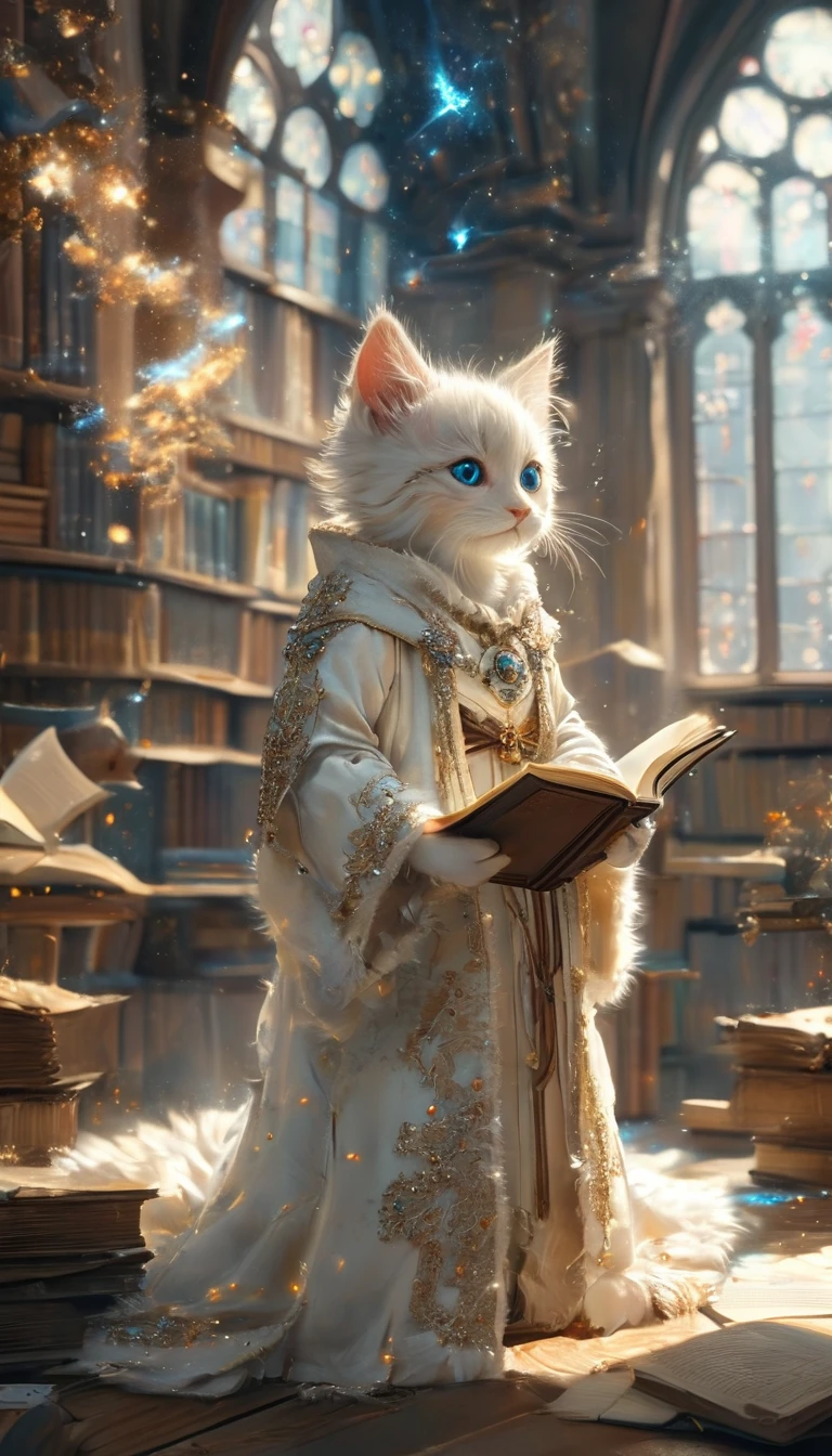 Fucking, Medieval Europe, Surrounded by countless particles of light, Each one shines brightly, small, かわいいbornき物, Wearing luxurious robes, whole body, From behind, Are standing, Costumes, Reading a book in the library, Fantasy art, Exquisite detail, Jean-Baptiste Monge Style, Alan Lee Style, Anthropomorphic blue-eyed white furry kitten, Movie Scenes, Dramatic shot angles, Atmospheric particles, Realistic, born々Amazing cinematic photorealism, Action Portrait, 8K, detailed, Full Frame