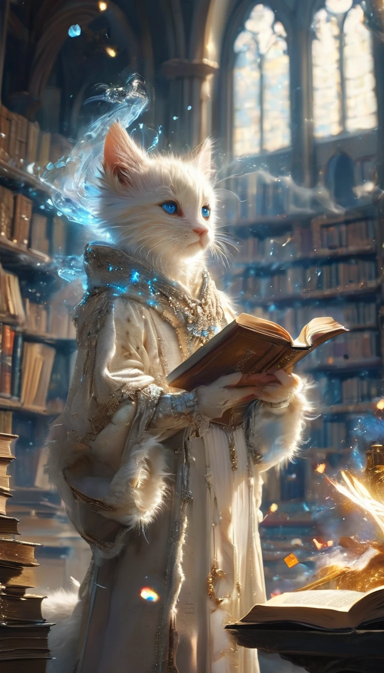 Fucking, Medieval Europe, Surrounded by countless particles of light, Each one shines brightly, small, かわいいbornき物, Wearing luxurious robes, whole body, From behind, Are standing, Costumes, Reading a book in the library, Fantasy art, Exquisite detail, Jean-Baptiste Monge Style, Alan Lee Style, Anthropomorphic blue-eyed white furry kitten, Movie Scenes, Dramatic shot angles, Atmospheric particles, Realistic, born々Amazing cinematic photorealism, Action Portrait, 8K, detailed, Full Frame