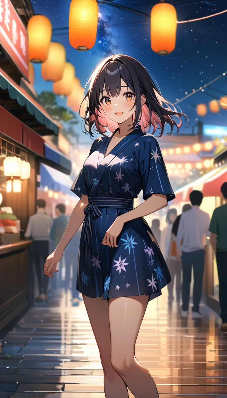 Young woman enjoying the summer festival,night, Starry Sky,Cute Yukata,Gazing at the sky,Blur the background,high school girl,smile,Highest quality, 8k, High resolution, masterpiece:1.2, Very detailed, 、whole body、whole body