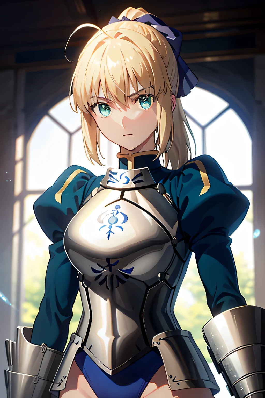 masterpiece、Highest quality、High resolution、ph saver、ph Artoria、Anime Women、solo、armor、Big Breasts、A woman with very large breasts、armored leotard、Shine、my、breastplate、leotard sleeve withan puffy sleeve、leotard bottom with an high leg、Hair Bun、bionde、Green Eyes、braided ponytail、bangs、blue bow in hair、Upper Body、