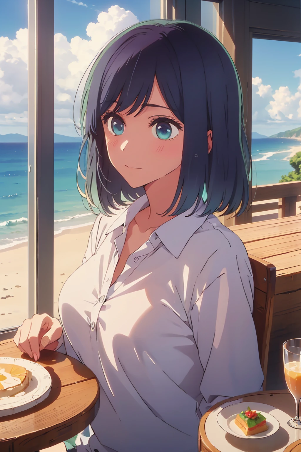 (Highest quality:1.4、masterpiece:1.4、Super detailed:1.4、8k:1.4)、((((1 person、Surprised expression、sit、Cafe Terrace、coastal、juice、table、Sandy Beach、juiceのグラスを持つ、The shirt is unbuttoned、Big eyes、Very cute face))))、F cup bust、Medium breast、Underboob