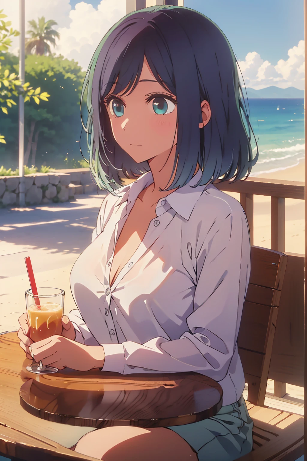 (Highest quality:1.4、masterpiece:1.4、Super detailed:1.4、8k:1.4)、((((1 person、Surprised expression、sit、Cafe Terrace、coastal、juice、table、Sandy Beach、juiceのグラスを持つ、The shirt is unbuttoned、Big eyes、Very cute face))))、F cup bust、Medium breast、Underboob