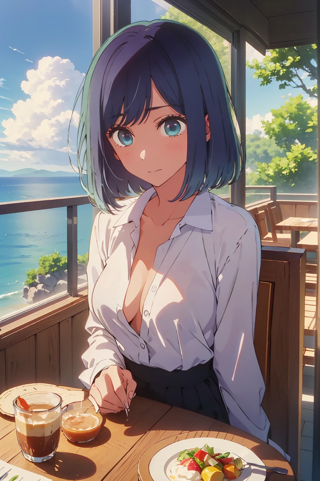 (Highest quality:1.4、masterpiece:1.4、Super detailed:1.4、8k:1.4)、((((1 person、Surprised expression、sit、Cafe Terrace、coastal、juice、table、Sandy Beach、juiceのグラスを持つ、The shirt is unbuttoned、Big eyes、Very cute face))))、F cup bust、Medium breast、Underboob