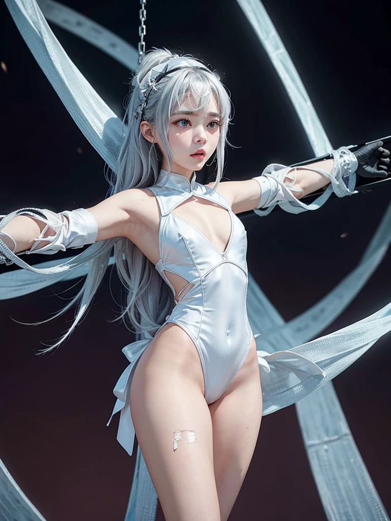 ((high quality、masterpiece、detailed、normal body、5This finger、precise、delicate))、Magical girl((silver hair、Colored leotard armor with white as the base color、super uper high leg、transparent leotard、iron collar、torn leotard、torn leotard、Estrus、Aphrodisiac effect、Erogenous zone sensitivity 100 times、nipple erection、clitoral erection、orgasm、Pupil is heart))、Defeated heroine、The leotard is torn and there is a hole.、Stretch your arms from side to side、defeated and crucified、crucified on the cross、Crucifixion in chains、restrained by chains、open your mouth、shortness of breath、white breath、A sweet sigh、Ahe face with white eyes turned、slave collar、leash collar、strict collar、iron collar、Slave Fall、fall of pleasure、belly exposed、Dirty crest on the abdomen、The lewd crest shiney body is on fire、rotor on nipple、rotor on clitoris、Orgasm brings you to the height of happiness