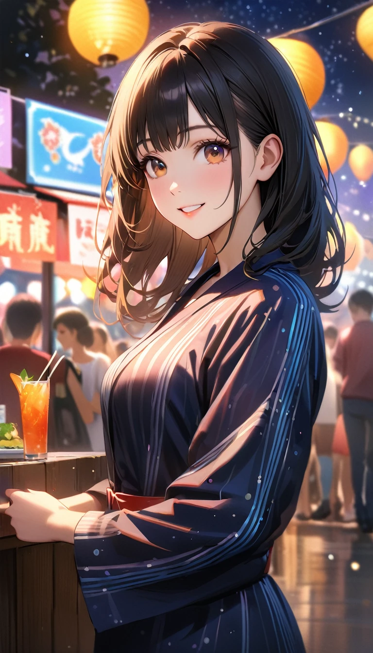 Young woman enjoying the summer festival,night, Starry Sky,Cute Yukata,Gazing at the sky,Blur the background,high school girl,smile,Highest quality, 8k, High resolution, masterpiece:1.2, Very detailed, Realistic:1.37, High resolution, 超High resolution, Ultra-fine painting, Very detailed, Professional, Vibrant colors