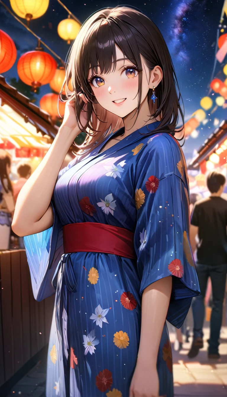 Young woman enjoying the summer festival,night, Starry Sky,Cute Yukata,Gazing at the sky,Blur the background,high school girl,smile,Highest quality, 8k, High resolution, masterpiece:1.2, Very detailed, Realistic:1.37, High resolution, 超High resolution, Ultra-fine painting, Very detailed, Professional, Vibrant colors