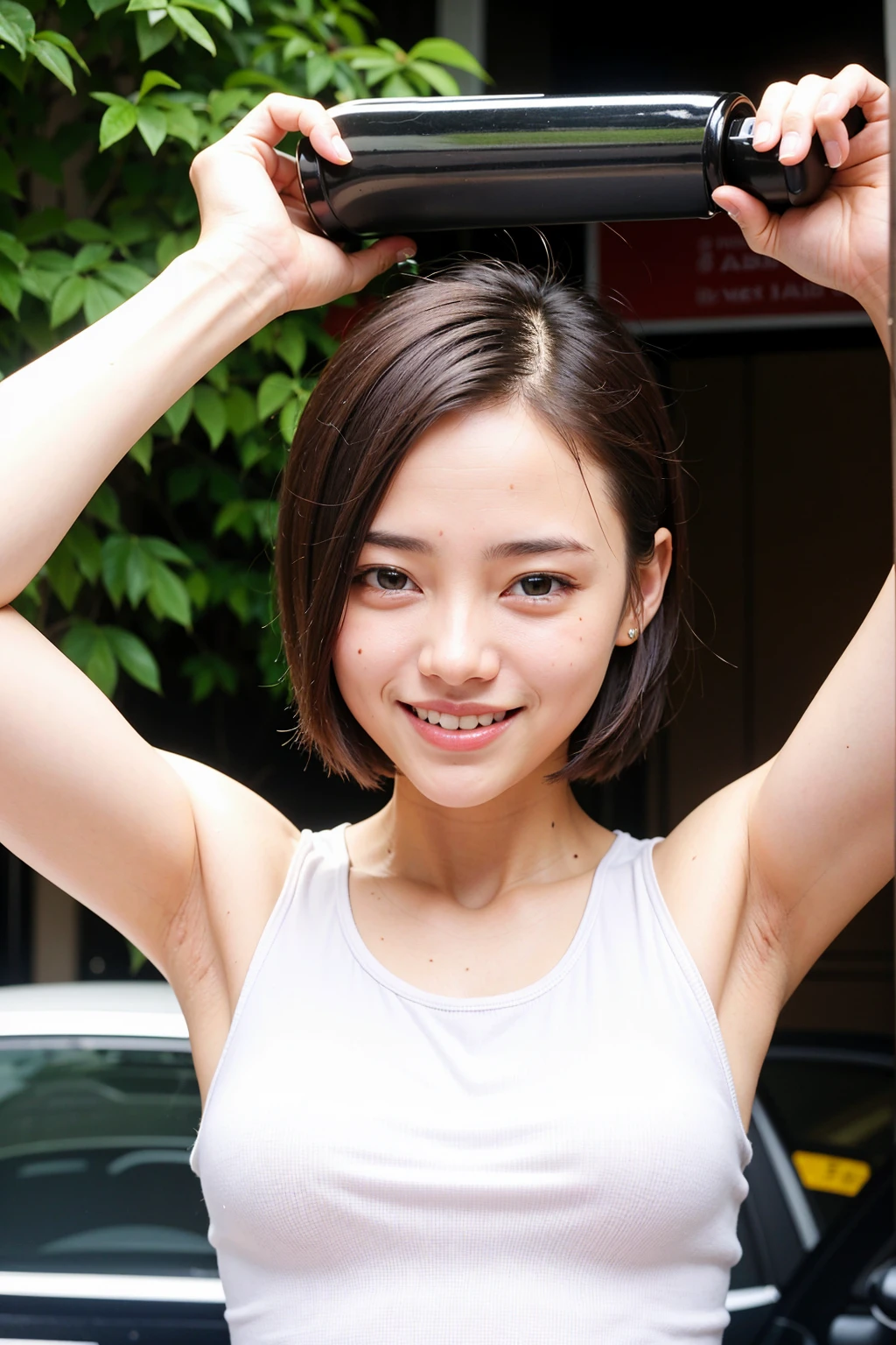 Top quality, 1 beautiful woman, super short Hair, wearing tanktop, shy-smile, Arms Up, backpose
