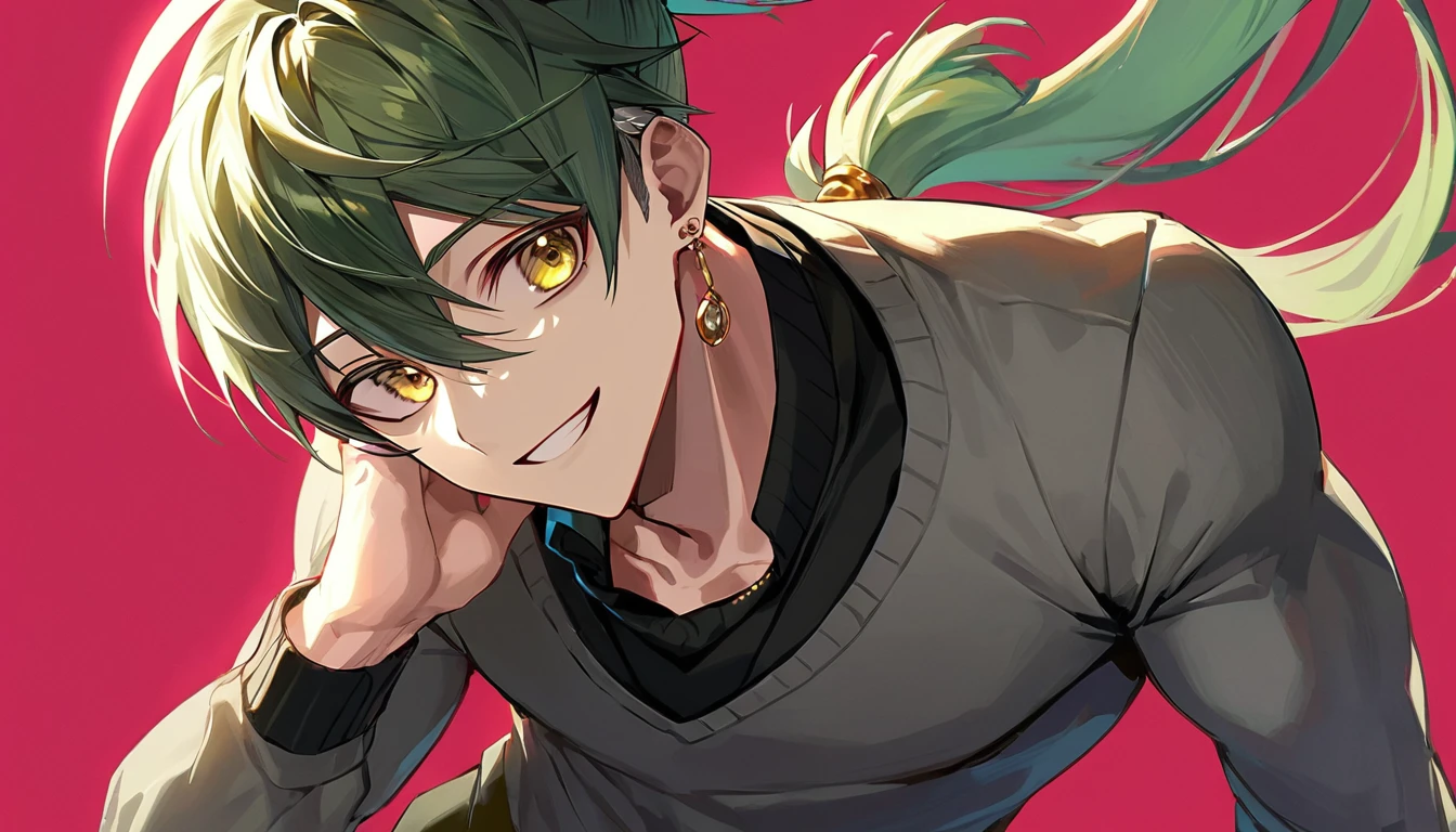 ((((best masterpiece, best quality, wallpaper,)))) solo, guy, male body, small muscles, flat chest, 1male, 30 years old, handsome man, dramatic angle, upper body, looking at viewers, beautiful detailed, seductive smile, mediumturquoise hair, ((((Lower short ponytail)))), asymmetrical bangs, ((short hair,)) ((( jitome, gold eyes, ^o^, tareme, droopy eyes,))) (((perfect face, extremely detailed eyes,))) perfect hands, sharp nose, clear face, black turtleneck, grey cardigan, ((silver piercing, pendant,)) leggings, pink background color ultrasharp, 8K, masterpiece,