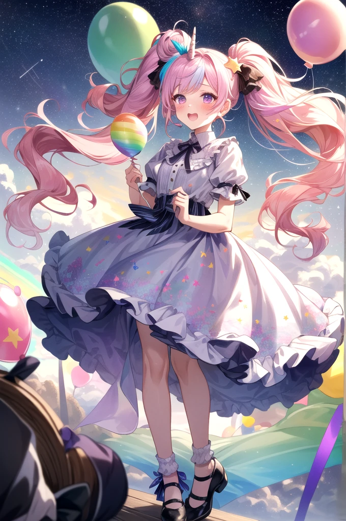 (whole body, legs and shoes visible: 1.2)) Expressive eyes, One girl, Pale skin, Long Hair, Windblown Hair, ((absurdly Long Hair)), Long Side Lock, Princess bangs, Hair bangs, Hair Bun, ((Very long twin tails)), Rainbow Hair, Light pink hair, blush, full face blush, big sparkling Pastel Purple eyes, (Gradient Eye), Laughing with your mouth open, cute pose, ((Holding a balloon : 1.3)) ((cute and pastel fashion)) ((🦄🎠🎈🎉 theme : 1.4)) A loose pastel dress, ((Dreamy multi-colored open dress)), (Floating ribbon), Lavender Frill, Pink frills, (Light blue lace), Removable short sleeves, Fluffy skirt, ((Rainbow and star printed skirt : 1.3)), ta Skirt, Purple ribbon, ((pom pom ribbon hair ornament : 1.4)), Multiple Bows, Striped lace stockings, (heart型のレッグガーター), cute (Pastel Purple) shoes ((Ultra-detailed clothing and fashion)) I'm watching you, Vintage Girl, blush, (Beautiful attention to detail), (Highly detailed CG Unity 8k wallpaper) (Best Shadow), ((Very delicate and beautiful)), (Detailed light), ((Depth of written boundary)) Big Head, Big, bright eyes, Moe, Splash Art, Cinema Lighting, Front view, volumetric lighting maximalist photo illustration k resolution high resolution intricate detailed complex key visuals precise linear ((Dreamy pastel sky background, Surrounded by sunset clouds, shooting star, Castle above the clouds)) ((Ultra-detailed landscapes, Foggy clouds, Hung by balloons, heart : 1.3))