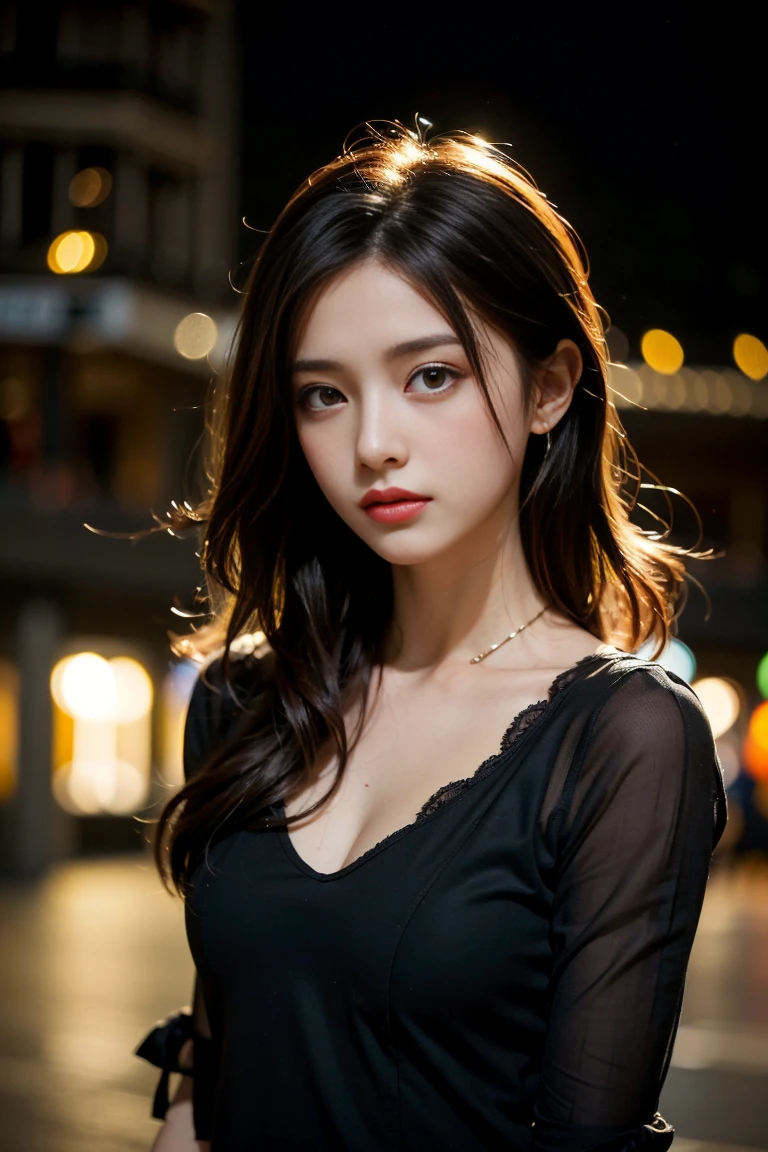 (Sharp focus:1.2), One girl, wear (little black t-dress:1.2) in (Gala:1.2), (Moody lighting:1.2), Depth of written boundary, Bokeh, 4K, High resolution. by (Alphonse Mucha:1.1).
