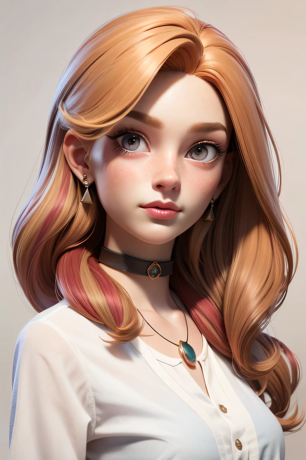 Masterpiece artwork, best qualityer, 3d rendering work, 3DMM style, close-up, portraite, 3d, 1girl, solo, multicolored hair, chestnut hair, hair blonde, necklase, freckles, jewelly, two tone hair, looking at side, realisitic, upperbody, simple white background, bangss, looking off into distance, shorth hair, separated-lips, eyes browns,Gothic, choker, make-up, white shirt,