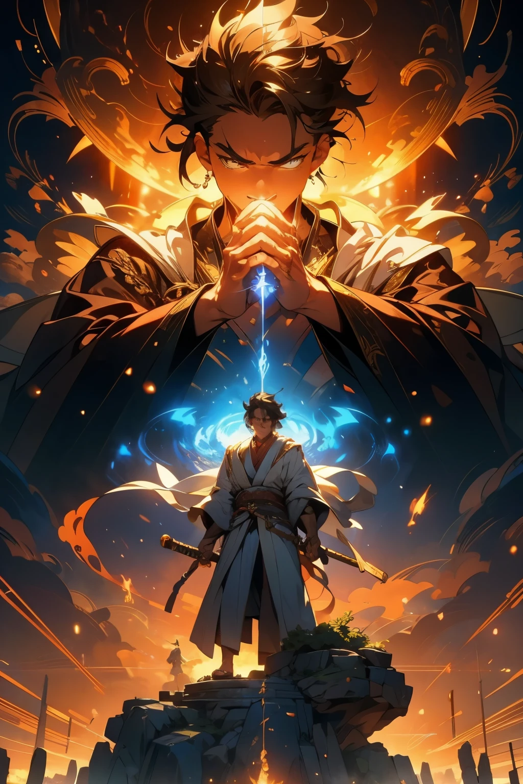 Acala,High resolution, High resolution, 8k, Masterpiece 2:1,Flame,Sword,With a lasso and an angry expression、I'm trying to save everyone。
In his right hand he holds a sword that will cut off all doubts in his heart.。
In his left hand he holds a rope called a lariat to guide things in the right direction.。
The big rock on which he sits is called Iwaseki.、It shows a firm will。
I carry a Flame that burns away all obstacles。