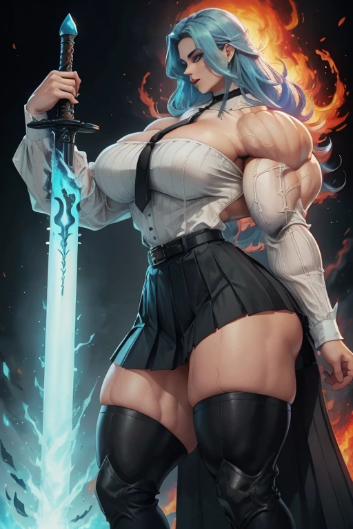 ((Massive tall, beautiful, buff, pale white skinned muscular woman with cyan hair, black lipstick, ginormous bulky muscles, carrying a fire sword and wearing a cyan long sleeve pleated shirt with beautiful long pleated skirt)), ((close view)), (massive muscles), long beachy hair, purple eyes, choker, ((cyan long sleeve pleated shirt and tie)), neck tie, ((beautiful long pleated skirt)), belt, thigh high socks, black boots, (in a fire city), closed smile, night, massive muscles