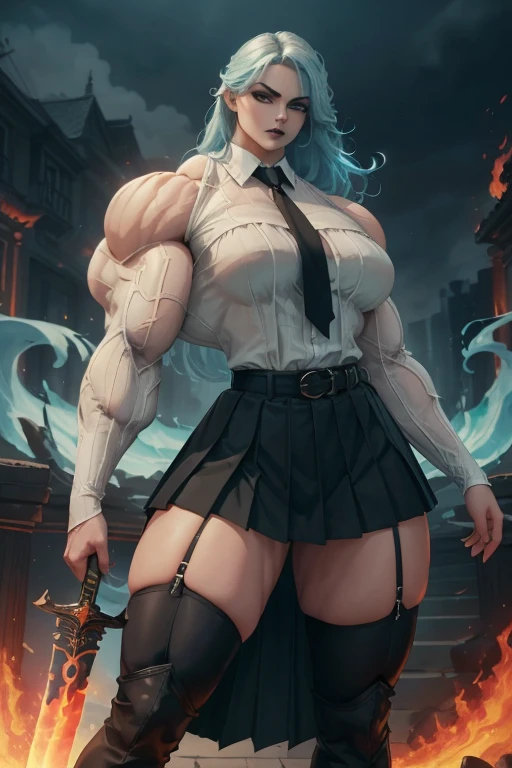 ((Massive tall, beautiful, buff, pale white skinned muscular woman with cyan hair, black lipstick, ginormous bulky muscles, carrying a fire sword and wearing a cyan long sleeve pleated shirt with beautiful long pleated skirt)), ((close view)), (massive muscles), long beachy hair, purple eyes, choker, ((cyan long sleeve pleated shirt and tie)), neck tie, ((beautiful long pleated skirt)), belt, thigh high socks, black boots, (in a fire city), closed smile, night, massive muscles