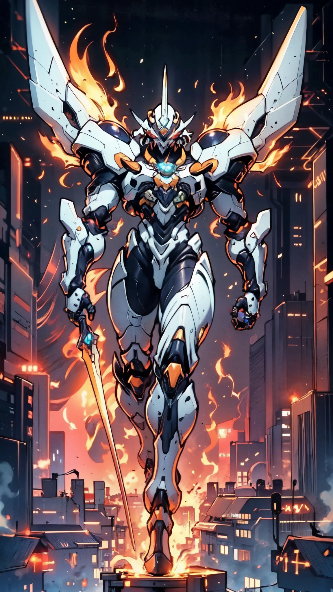 (masterpiece:1.5, best quality:1.5, extremely delicate:1.5), humanoid Mecha, fully enclosed shoulder guards, matching arm and leg guards, full body, full armor, the design balances heavy with agility, (the color scheme is primarily white with red and blue accents, the concept Inspired by Super robot, organic biotech armor, standing, floating high above the futuristic sci-fi city), exquisite and mature art style, (aura effect, energy, glowing eyes, the armor glows), metallic, dramatic, high definition, highres, ultra-detailed, ultra-fine painting, professional, perfect body proportions, anatomically correct, symmetrical face, extremely detailed eyes and face, high quality eyes, creativity, RAW photo, UHD, 32k, Natural light, cinematic lighting, masterpiece-anatomy-perfect