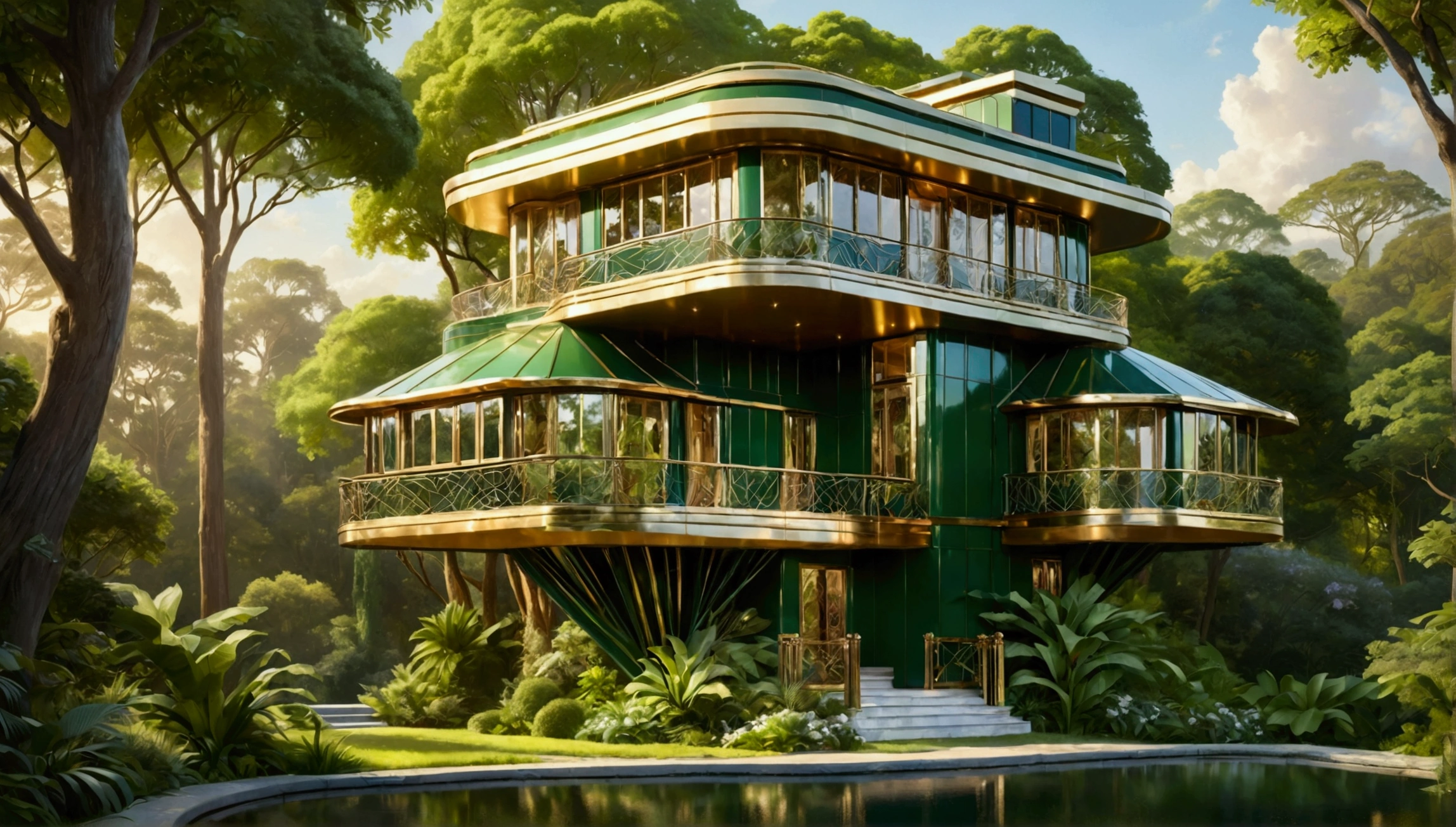 A decadently elegant treehouse in art deco style, each element exudes opulence amidst nature's embrace: sleek, geometric lines contrast against lush green foliage, while glistening metallic accents catch the sunlight. This stunning painting depicts a treehouse fit for a glamorous 1920s getaway, with luxurious furnishings and intricate architectural details that sparkle with a hint of nostalgia. The impeccable composition and rich color palette create a mesmerizing visual feast for the eyes, inviting viewers to step into a bygone era of sophistication and charm.