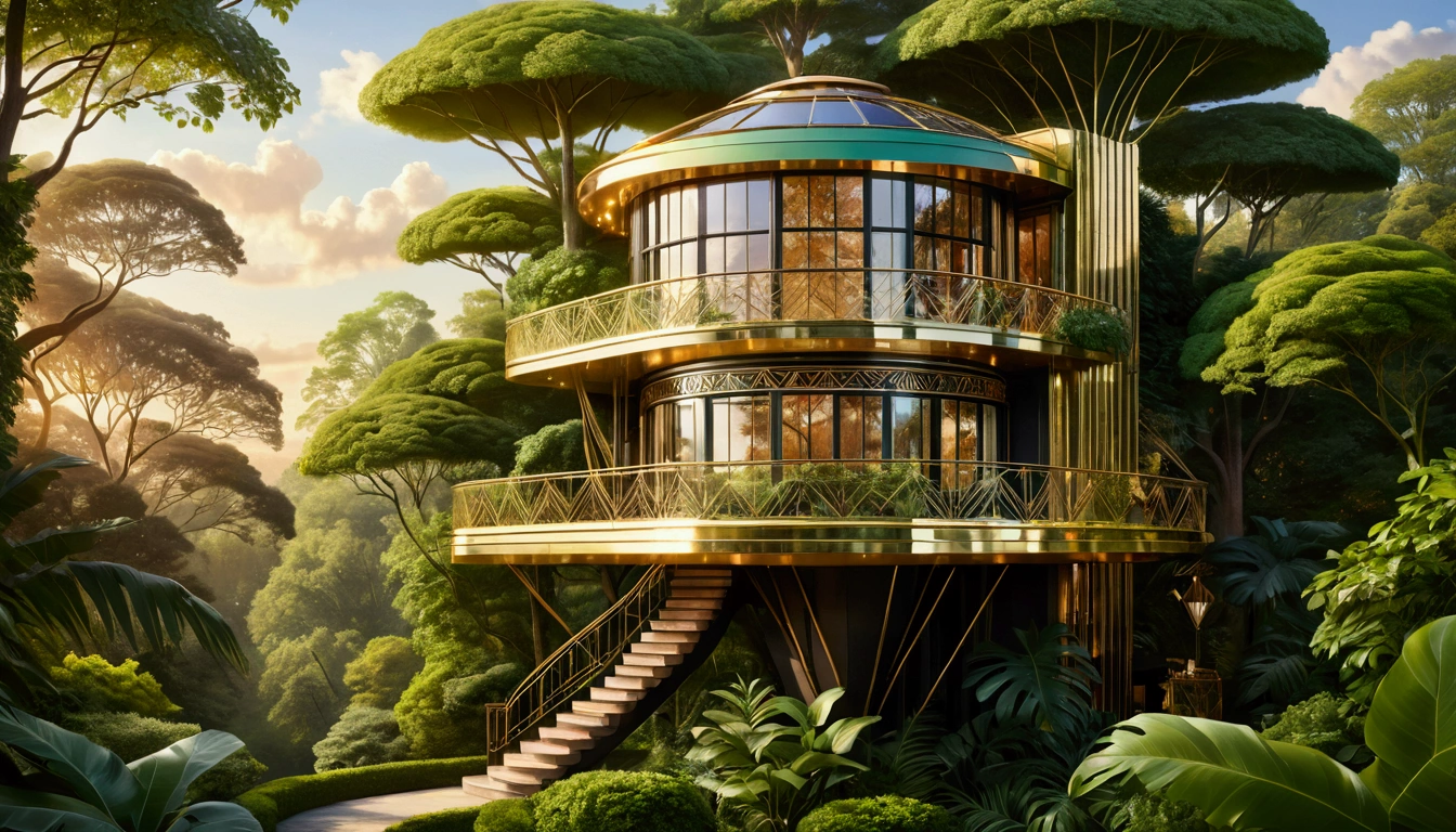 A decadently elegant treehouse in art deco style, each element exudes opulence amidst nature's embrace: sleek, geometric lines contrast against lush green foliage, while glistening metallic accents catch the sunlight. This stunning painting depicts a treehouse fit for a glamorous 1920s getaway, with luxurious furnishings and intricate architectural details that sparkle with a hint of nostalgia. The impeccable composition and rich color palette create a mesmerizing visual feast for the eyes, inviting viewers to step into a bygone era of sophistication and charm.