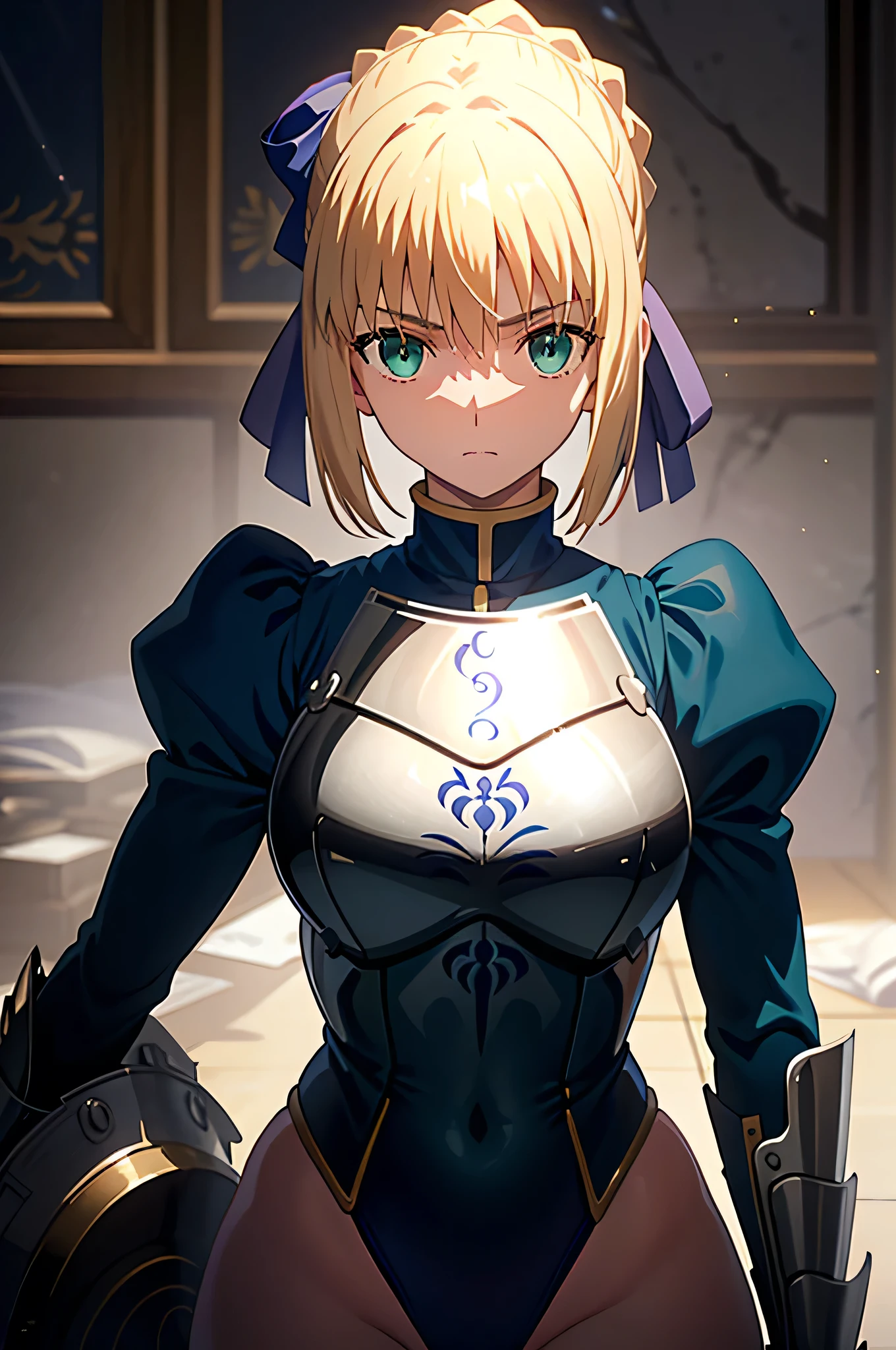 masterpiece、Highest quality、High resolution、ph saver、ph Artoria、Anime Women、solo、armor、Big Breasts、A woman with very large breasts、armored leotard、Shine、my、breastplate、leotard sleeve withan puffy sleeve、leotard bottom with an high leg、Hair Bun、bionde、Green Eyes、braided ponytail、bangs、blue bow in hair、Upper Body、