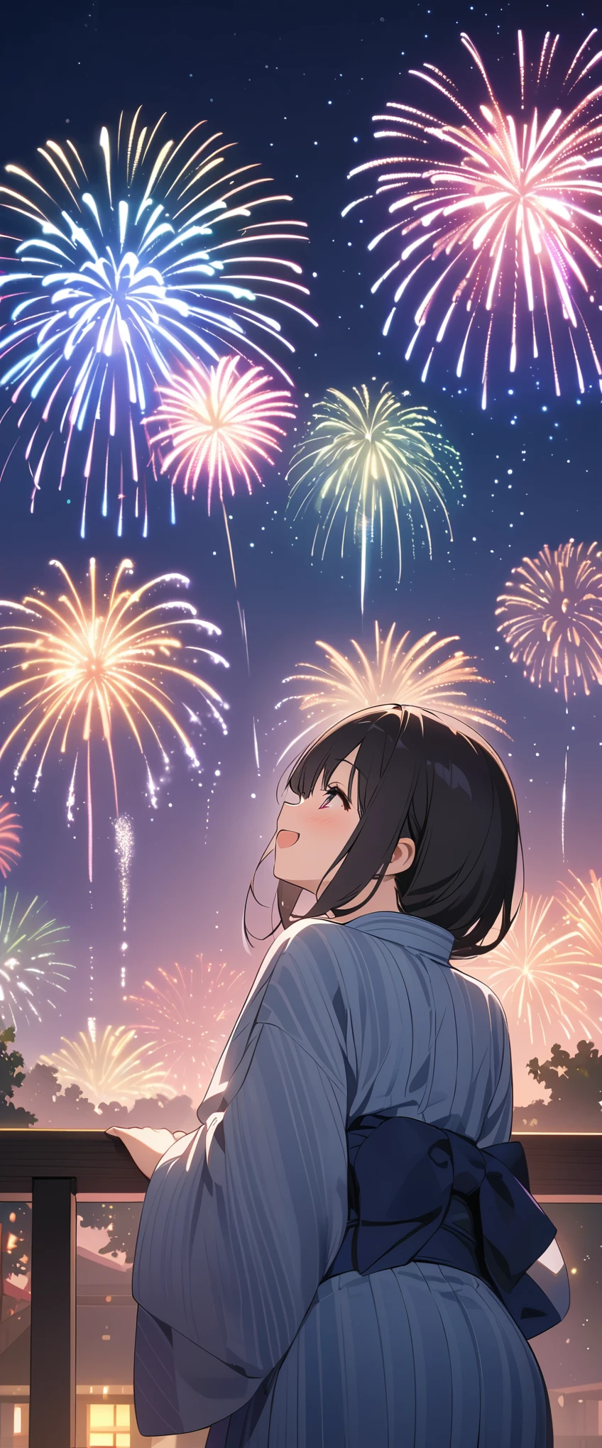 (masterpiece:1.2),(Highest quality),(Very detailed),(High resolution),8k,wallpaper,(1 female:1.5),Anime illustration,Chibi Character,cute,Girl in yukata,Look up at the sky and watch the fireworks,Back view,break((Fireworks fill the night sky,beautiful Fireworks,Colorful fireworks)),(Beautiful night sky),(Happy expression:1.5),((From below)),(Looking up at the night sky),Raise your arms,(Fine hand)