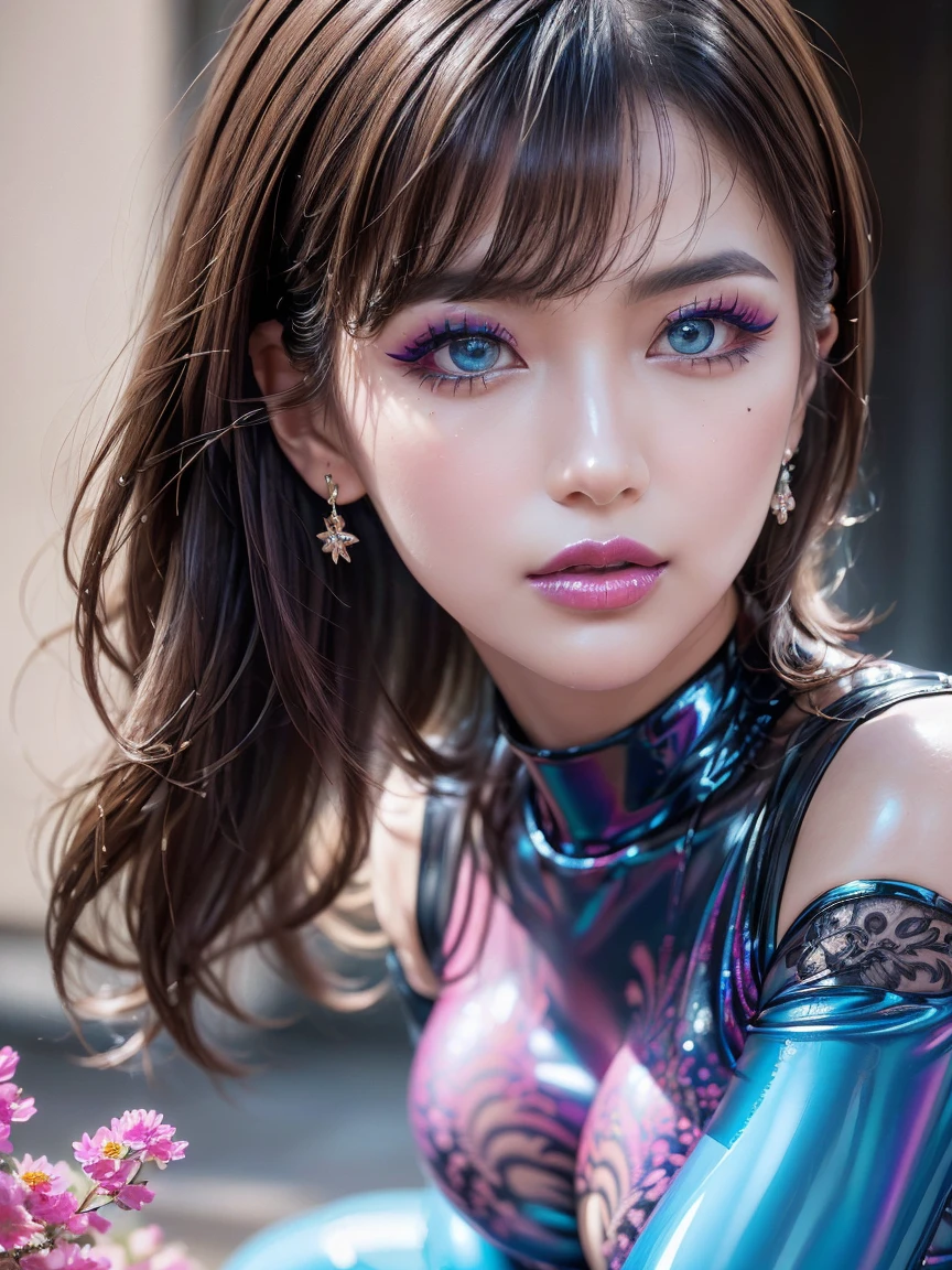 8K、(masuter piece，top Quority，best qualtiy，Beauty and aesthetics：1.2)、(1girll:1.3)、full body Esbian、(((((Perfectly accurate human body)))))、(((Gaze staring at the photographer)))、(((**-****-*** Russian girl)))、(Detailed futuristic cool hair)、((shiny bright silver hair))、short-haired、(((8 Head Body)))、(((((very thin abdomen)))))、Very constricted waist、(((Detailed cute beautiful face)))、(((Detailed drooping eyes)))、((((undersized head))))、((a small face))、(Detailed bright eyes)、(((a *********)))、Detailed skin、thin arm、(very Bigger breasts:1.3)、(Very big hips:1.3)、(Very deep background:1.9)、(Fractal Art Background:1.7)、(Farbe：1.1)、(florals:1.3)、(Zentangle:1.2), (Abstract background:1.9), (Many colors:1.4), (factor:1.5),(Raw photo:1.2)，Pink Purple Latex Jumpsuit、Futuristic accessories，Hollow-On，latex shiny,(tight fitted)，Wearing a very tight suit, chrome bodysuit, Very shiny pink-purple latex suit、kosmos、intergalactic、seductiv、metalic、((butterflys))、Fantastical、lovemaking、Sleeveless、Very delicate eyelashes、very delicate thin eyebrows、No letters、(cyberpunked)