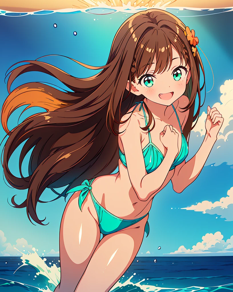 (Highest quality, 32K, High resolution, Masterpiece:1.5), A girl swimming in a beautiful ocean world, Cute anime-style illustrations, god々It has a brilliant and healing power., , Expressing emotions, Have a rich imagination, Cute Japanese Girls, Perfect Human Anatomy, Large gradient color eyes, Motherhood and generosity, Deep Love, ((A mischievous smile:1.4)), ((Shiny brown hair:1.5)), Pony Rail, Asymmetrical bangs, Hair between the eyes, Transparent, soft white skin, Sharp eyebrows, Thin lashes, Natural Makeup, Detailed and cute lips, (Green Bikini:1.2), ((Bright and beautiful ocean floor:1.3)), ((Colorful coral reefs:1.2)), Slim figure with ample breasts, god秘的