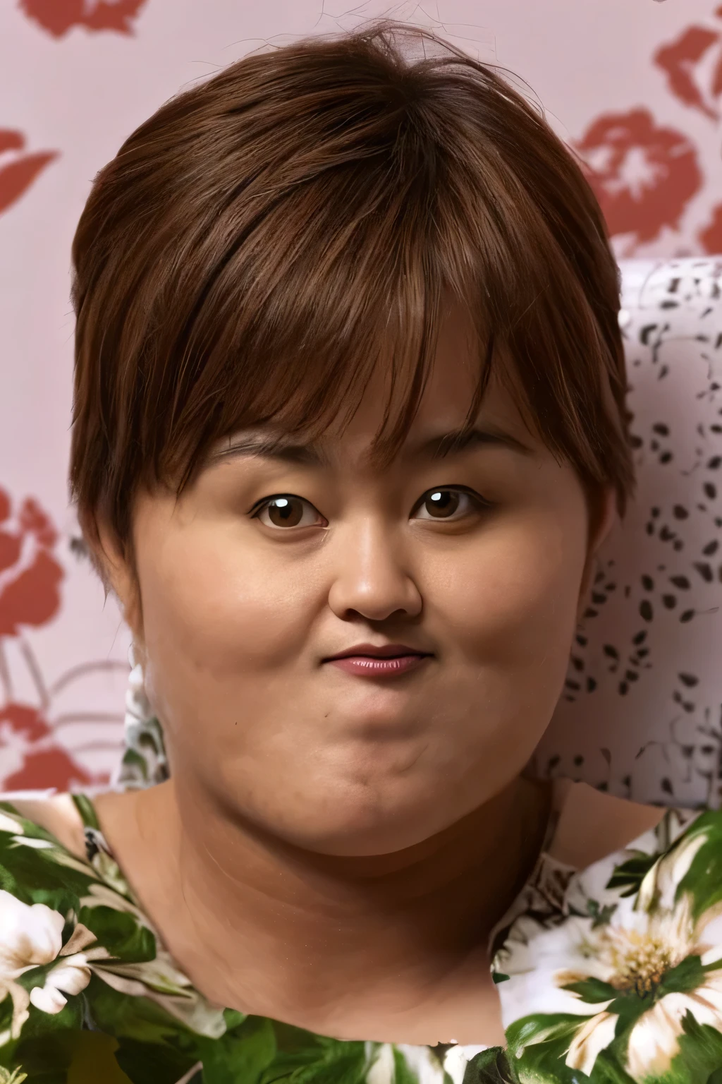 face smol_face person, portrait, floral wallpaper background, sitting on chair