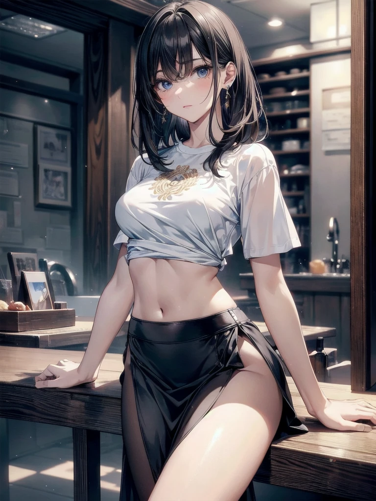absurdres, RAW photo, extremely delicate and beautiful, masterpiece, Best Quality, ultra high resolution, 32k, hyperrealistic, ultra-detailed, perfect anatomy, super Detailed skin, perfect figure, Super Beauty, Perfect Style, Perfect balance, Beautiful Lighting, Perfect Lightning, Realistic Shadows, 20 years old, very Slim body, narrow waist, very small head, very small face, delicate facial features, handsome detailed woman, very detailed eyes and face, realistic face proportions, Realistic beautiful face, Realistic beautiful eyes, tearful mole, earring, very huge round breasts, legs, medium hair, whole body shot, indoor, tight skirt, cropped T-shirt,