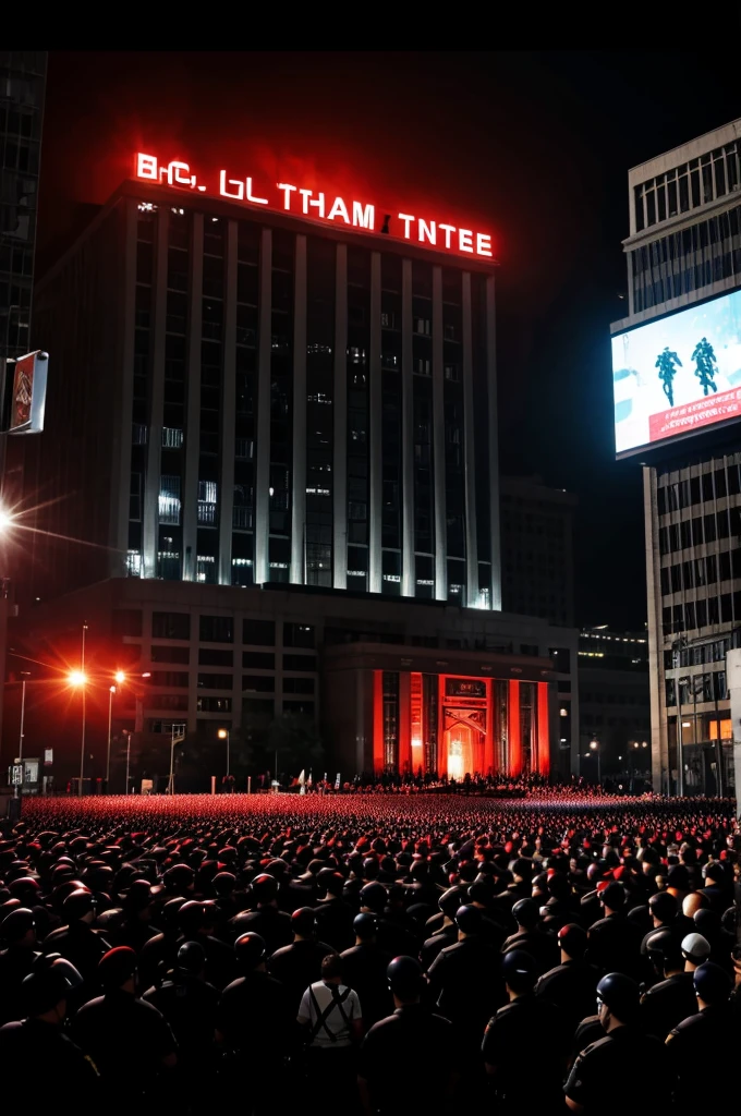 Illustration of a large building with All Eyes on DU,JU & RU in bold text. The building is surrounded by police in riot gear labeled BGB and BSL, facing a crowd of protesters. Above the building, silhouetted figures wave flags with red circles on a black background. Red and black paint-like splashes cover parts of the image, adding a sense of chaos and intensity.