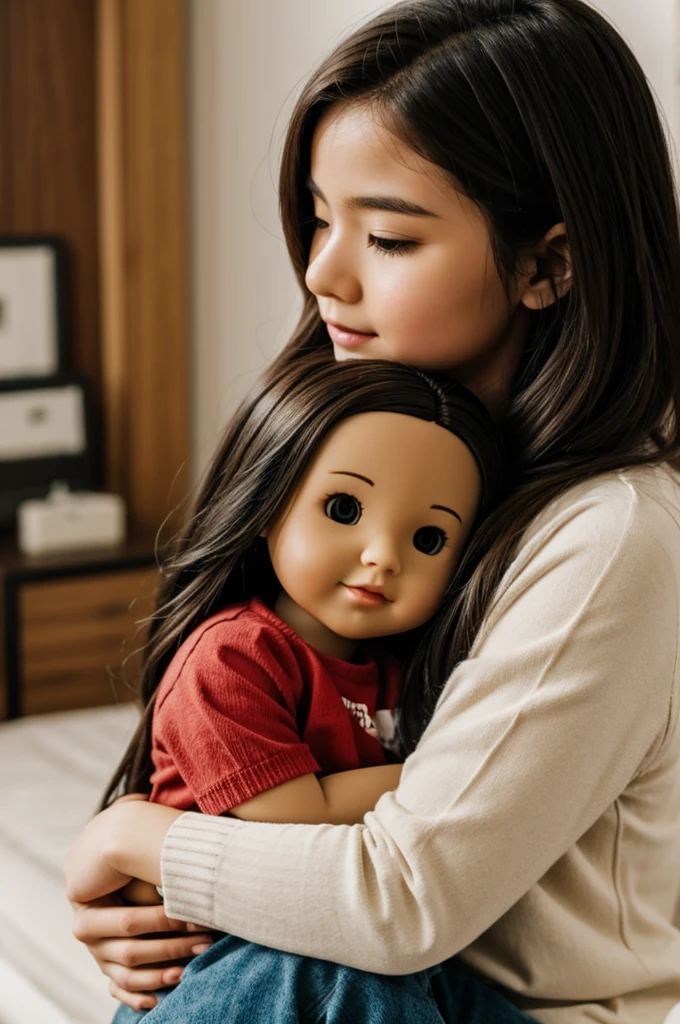 A female doll hugging a real girl
