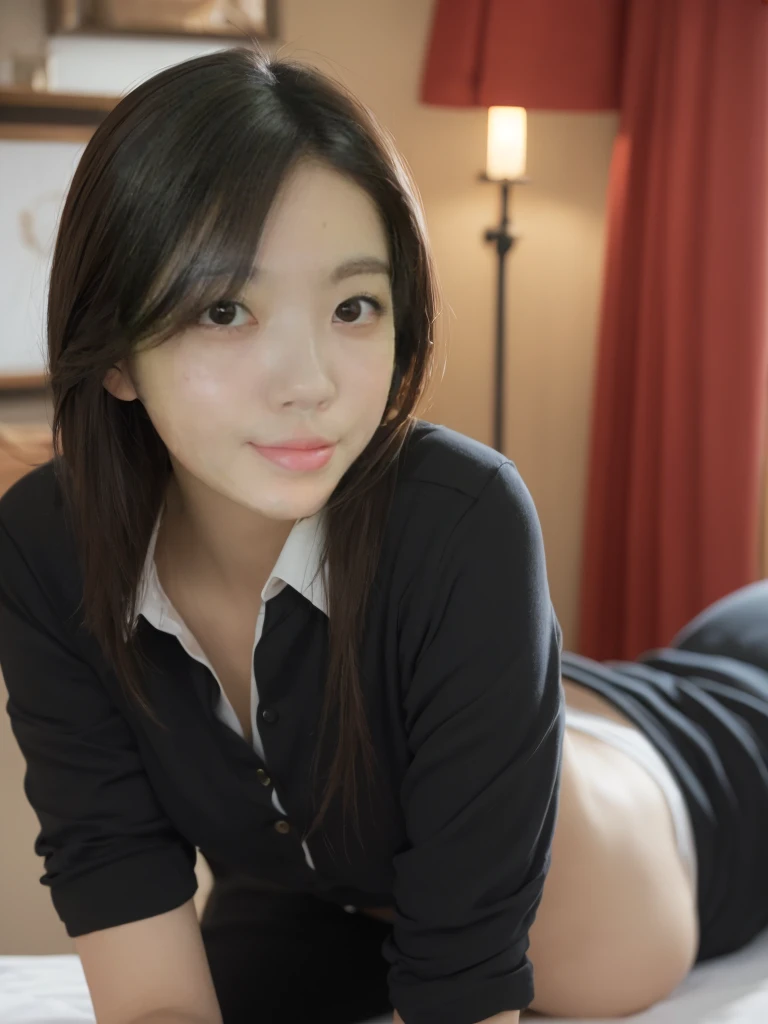 masterpiece, Highest quality, Twitch-chan, Hair Clip, hair ornaments, Collared shirt, No sleeve, tie, gloves, sitting behind a desk, View your viewers, smile, wave hands, bedroom, bed, computer mouse, keyboard