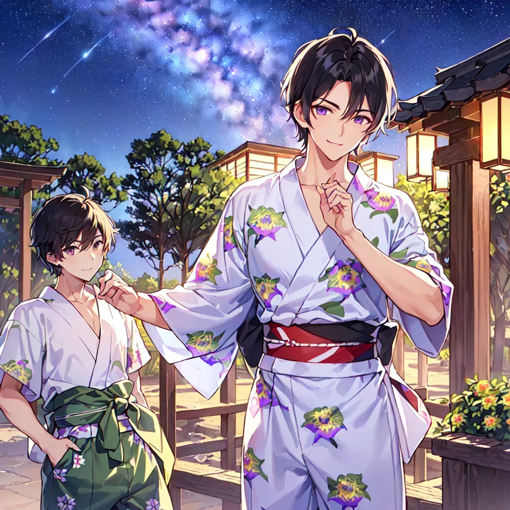 masterpiece,best quality,high quality,(1 male austere handsome solo adult age 30 years old:1.5), purple eyes, cool with suspended eyes, V-shaped eyebrows, body strong and fearless 8.5 head tall, height 185cm, (well-groomed black hair short to neck:1.4), (bangs 7 thirds parted: 1.4), slender nose, facial muscles, throat, (Passiflora caerulea print summer yukata short sleeves and pants: 1.3), (stylish pose), (cool smile: 1.3), (background Passiflora caerulea flower field: 1.3), (Milky Way Night Sky: 1.3)