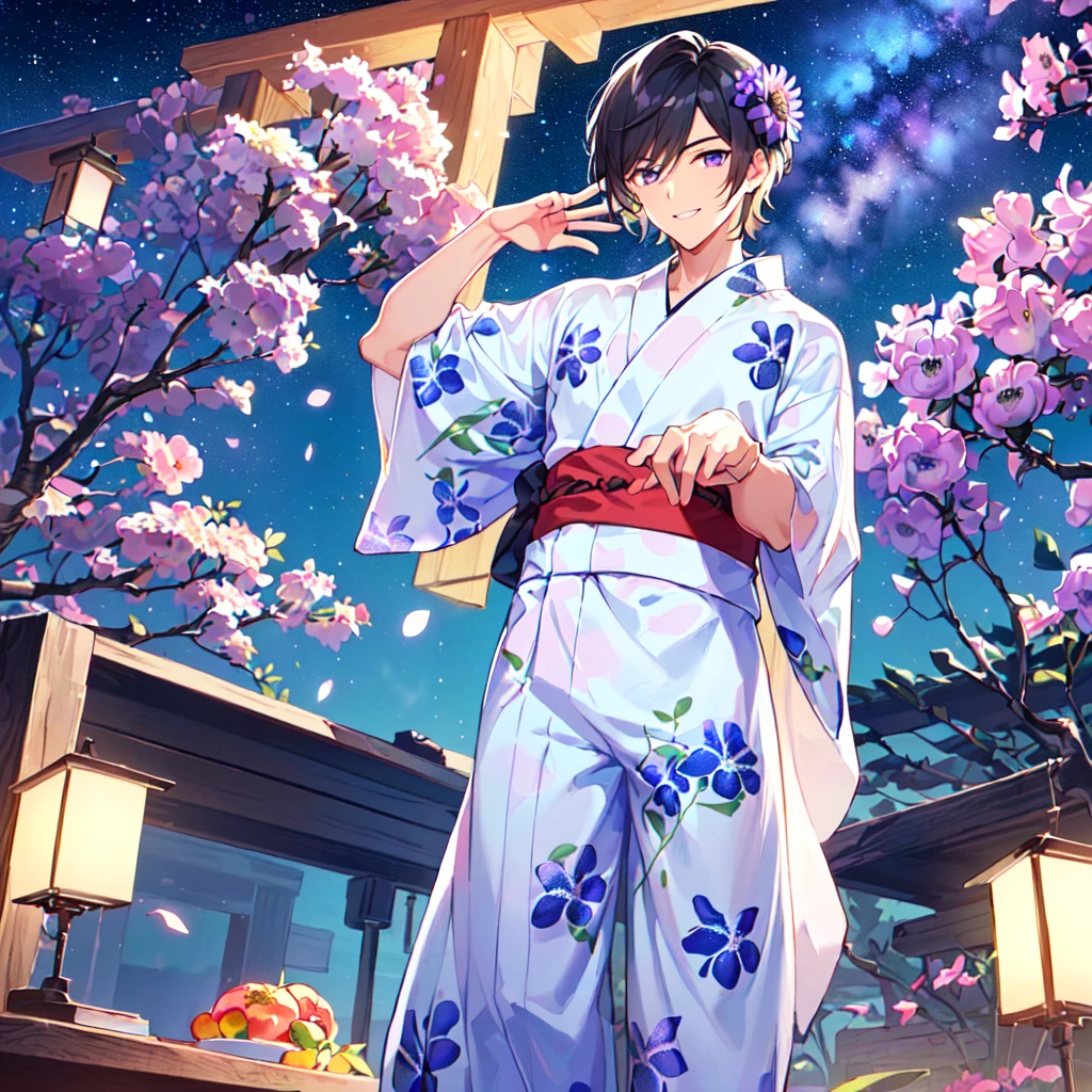 masterpiece,best quality,high quality,(1 male austere handsome solo adult age 30 years old:1.5), purple eyes, cool with suspended eyes, V-shaped eyebrows, body strong and fearless 8.5 head tall, height 185cm, (well-groomed black hair short to neck:1.4), (bangs 7 thirds parted: 1.4), slender nose, facial muscles, throat, (Passiflora caerulea print summer yukata short sleeves and pants: 1.3), (stylish pose), (cool smile: 1.3), (background Passiflora caerulea flower field: 1.3), (Milky Way Night Sky: 1.3)