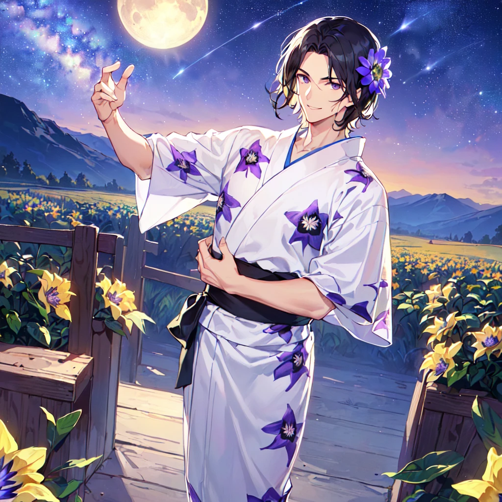 masterpiece,best quality,high quality,(1 male austere handsome solo adult age 30 years old:1.5), purple eyes, cool with suspended eyes, V-shaped eyebrows, body strong and fearless 8.5 head tall, height 185cm, (well-groomed black hair short to neck:1.4), (bangs 7 thirds parted: 1.4), slender nose, facial muscles, throat, (Passiflora caerulea print summer yukata short sleeves and pants: 1.3), (stylish pose), (cool smile: 1.3), (background Passiflora caerulea flower field: 1.3), (Milky Way Night Sky: 1.3)