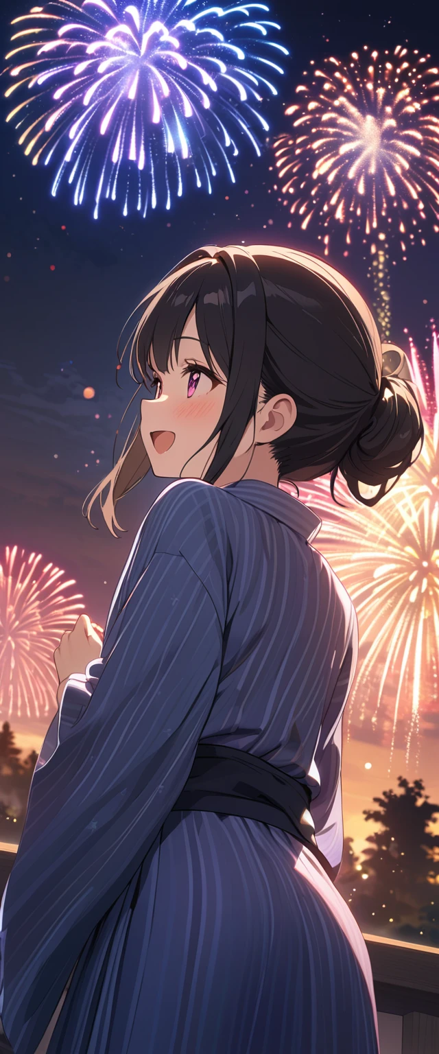 (masterpiece:1.2),(Highest quality),(Very detailed),(High resolution),8k,wallpaper,(1 female:1.5),Anime illustration,Chibi Character,cute,Girl in yukata,Look up at the sky and watch the fireworks,Back view,break((Fireworks fill the night sky,beautiful Fireworks,Colorful fireworks)),(Beautiful night sky),(Happy expression:1.5),((From below)),(dynamic:1.2),Raise your arms,(Fine hand)