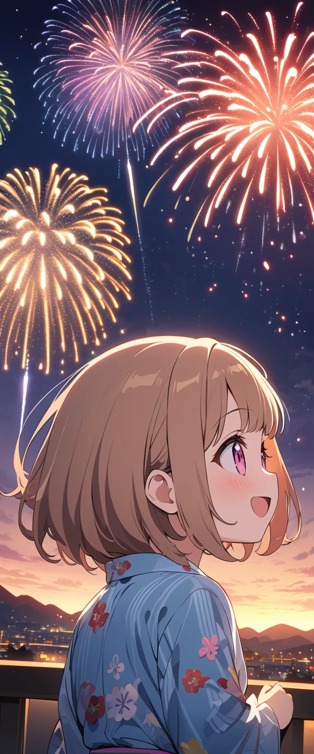 (masterpiece:1.2),(Highest quality),(Very detailed),(High resolution),8k,wallpaper,(1 female:1.5),Anime illustration,Chibi Character,cute,Girl in yukata,Look up at the sky and watch the fireworks,Back view,break((Fireworks fill the night sky,beautiful Fireworks,Colorful fireworks)),(Beautiful night sky),(Happy expression:1.5),((From below)),(dynamic:1.2),Raise your arms,(Fine hand)