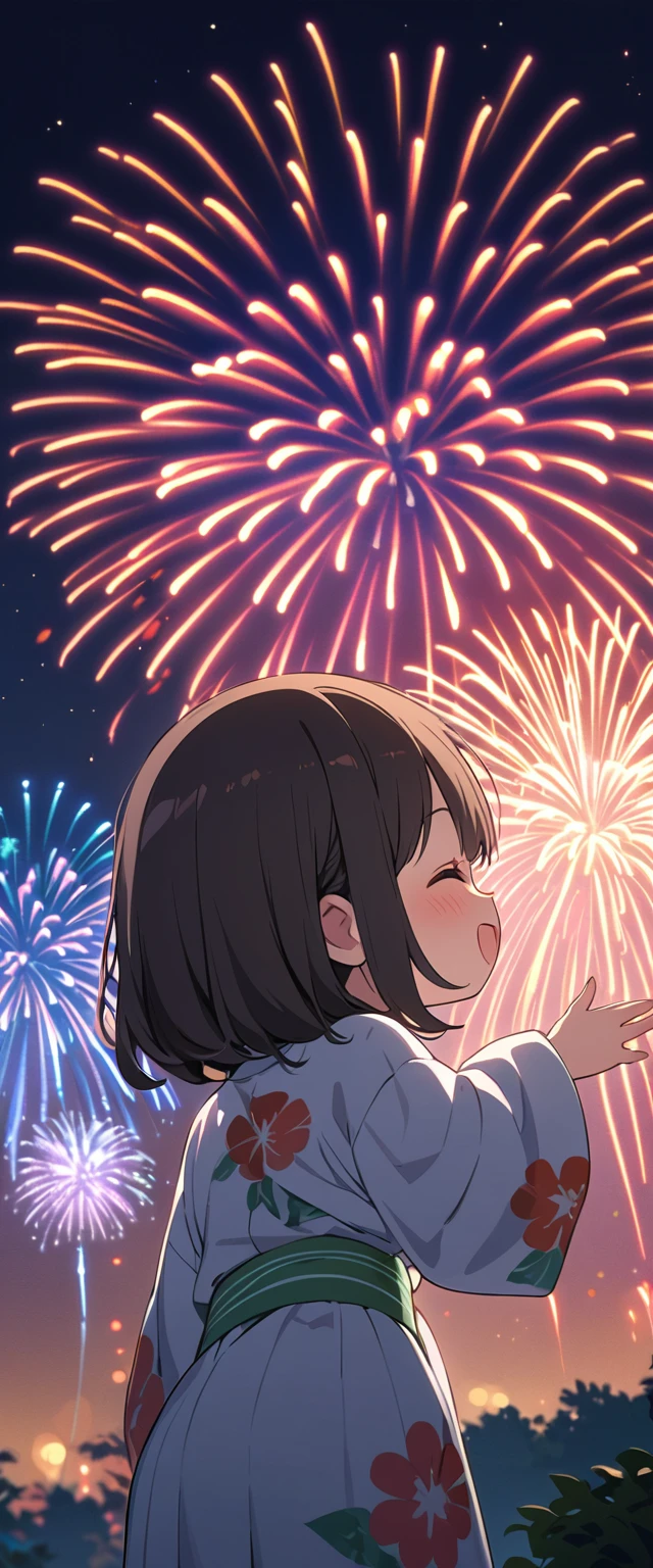 (masterpiece:1.2),(Highest quality),(Very detailed),(High resolution),8k,wallpaper,(1 female:1.5),Anime illustration,Chibi Character,cute,Girl in yukata,Look up at the sky and watch the fireworks,Back view,break((Fireworks fill the night sky,beautiful Fireworks,Colorful fireworks)),(Beautiful night sky),(Happy expression:1.5),((From below)),(dynamic:1.2),Raise your arms,(Fine hand)