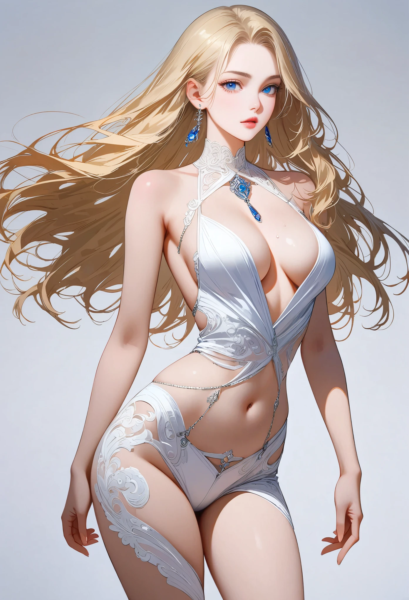 ((masterpiece,best quality,8K,high resolution)),((character concept art)), 1 female, noble, Old money atmosphere, supermodel, fashion model, 35 years old, (long blonde hair), blonde hair, (fair complexion), Ultra-fine eyes (blue eye color), extraordinary gorgeous, grace, charming, clever, calm, Perfect body ((Slim and curvaceous)), ((intricate details)), Super delicate hand details, super fine fingers(((Ten fingers))), Wearing a white blazer、White shirt and white pants  (stand still), (full body display), ((Show the whole body)), (No logos on background), (No logo), ((solid color background)), ((solid color background)), (((empty background)))