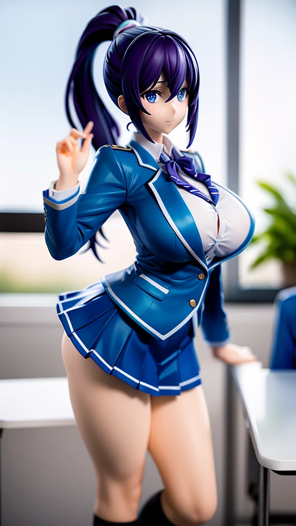 Blue blazer type uniform,skirt,Big Breasts,Purple Hair,ponytail,Blue Eyes,classroom