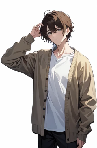 ((Highest quality)), ((masterpiece)), (detailed), ((One mature male))、(mature male)、(40-year-old male)、((A photo showing your thighs to the top of your head))、(Standing straight, facing the camera)、Brown Hair、asymmetrical bangs、Iris、((swept bangs))、Spaced out、Brown cardigan、White shirt、Poor physique、tall、Are thin