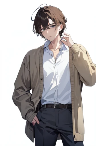 ((Highest quality)), ((masterpiece)), (detailed), ((One mature male))、(mature male)、(40-year-old male)、((A photo showing your thighs to the top of your head))、(Standing straight, facing the camera)、Brown Hair、asymmetrical bangs、Iris、((swept bangs))、Spaced out、Brown cardigan、White shirt、Poor physique、tall、Are thin