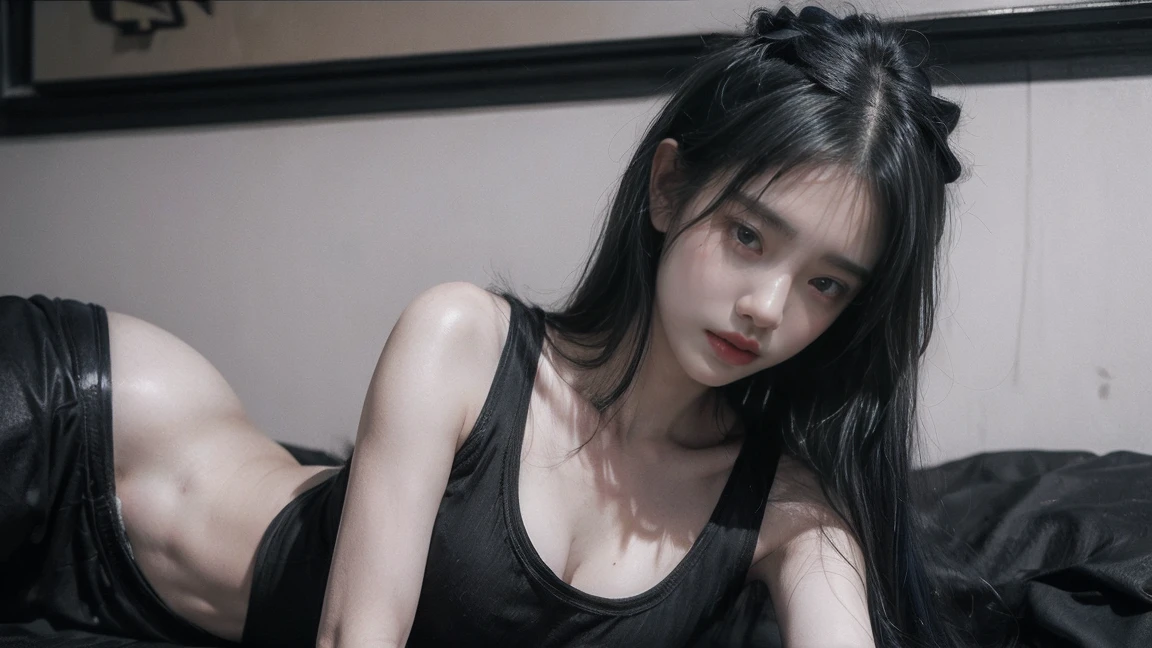 Young Chinese Woman, Blue Hair, Long Hair, Open your little mouth, Frowning, Close ~ eyes, Turn your face to the side. Wearing a black tank top, Wear hot pants,Big natural tits, Show off your thighs, Plump body, High angle shot from above. (Lying in bed), Right hand up、Place your left hand on your stomach,Lighting,Ray Tracing,Drop Shadow Wide Shot UHD,Textured skin,Attention to detail,Top quality 4k