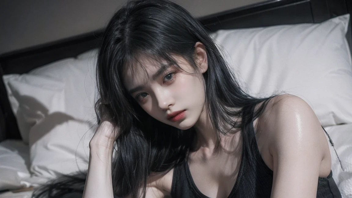 Young Chinese Woman, Blue Hair, Long Hair, Open your little mouth, Frowning, Close ~ eyes, Turn your face to the side. Wearing a black tank top, Wear hot pants,Big natural tits, Show off your thighs, Plump body, High angle shot from above. (Lying in bed), Right hand up、Place your left hand on your stomach,Lighting,Ray Tracing,Drop Shadow Wide Shot UHD,Textured skin,Attention to detail,Top quality 4k