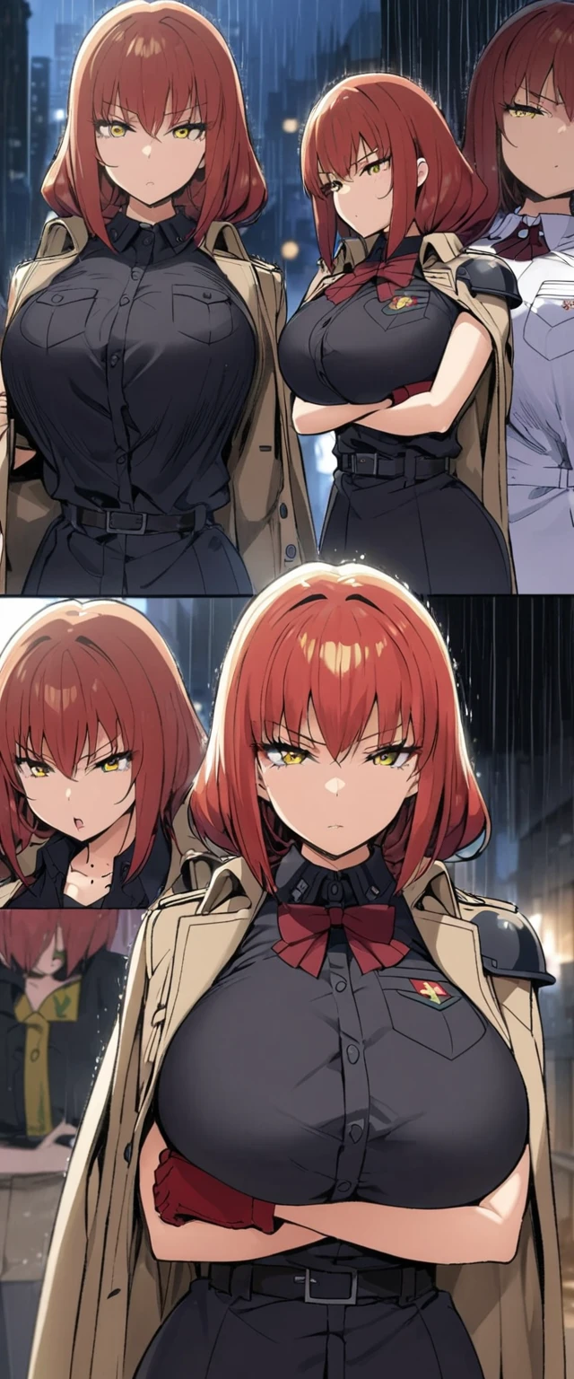 anime woman, perfect woman with deep red hair, wide, defiant look, big breasts, uniform clothes with black shirt and trench coat, red gloves, school insignia on the right arm on the shoulder pad, intense yellow eyes, in the city at night with rain, mole on the neck, arms crossed pronouncing neckline