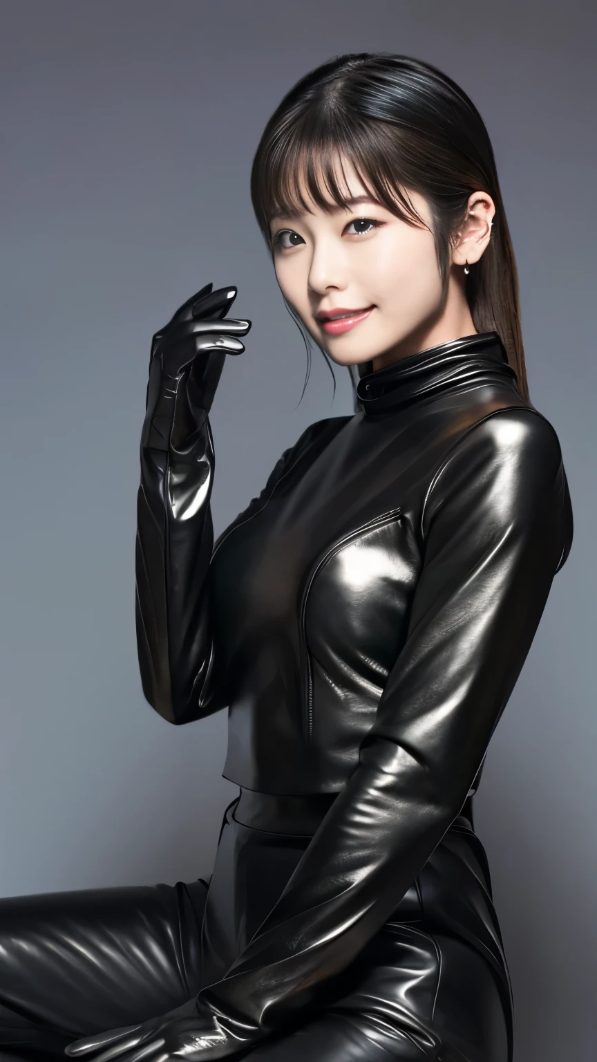 black leather rider jacket, , Black leather gloved fingertips on both hands,Wearing black leather gloves,Sitting in a black leather chair、 Japanese female new recruits (Black leather gloves cover both hands) (The angle is horizontal)、Black Leather Pants,Black Leather Black Leather Pants,Black Leather Skinny Pants、Long black leather boots on both feet、((He wears black leather gloves on his hands))Full Body Photo,full body shot full body full body leather suit,☺If you turn in this direction。Wearing black leather gloves,Wearing black leather gloves,Wearing black leather gloves,Wearing black leather gloves,Wearing black leather gloves,Wearing black leather gloves,黒のレザーパンツが美しい😍黒のレザーパンツが美しい😍黒のレザーパンツが美しい,😍Smiling while looking at me,City lights、Life-size (Neon Light)、Detailed lighting Best image quality、Ultra-high resolution、(realism:1.4)、Japanese Beauty Star、The most beautiful JPOP stars、face、Horny Korean Makeup、A body that makes you want to touch it、Realistic leather texture、Costume made of smooth leather fabric、The drape of the curved parts of the leather fabric、The costume is very shiny、Quality of the costume、8K Photo Quality