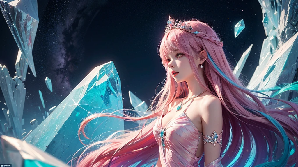 Highest quality,masterpiece,16K,One girl, bangs, Exposing shoulders, chest, Crown, crystallization, dress, From the side, gem,Colorful crystallizations,Crystal Headwear,There are many crystallizations on the clothes,Colorful Gradient Hair,カラフルなdress,Colorful crystals floating,Body crystals,Crystal Necklace,Colorful crystallization decoration,crystalline girl, Gradient Hair, jewelry, Long Hair, compensate, medium chest, Multicolored Hair, Pink Hair, alone, tiara