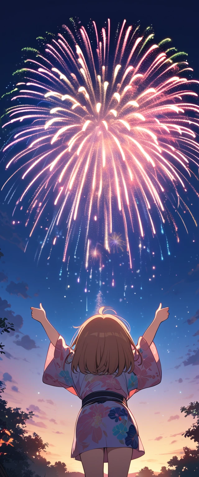 (masterpiece:1.2),(Highest quality),(Very detailed),(High resolution),8k,wallpaper,(1 female:1.5),Anime illustration,Chibi Character,cute,Girl in yukata,Look up at the sky and watch the fireworks,Back view,break((Fireworks fill the night sky,beautiful Fireworks,Colorful fireworks)),(Beautiful night sky),(Happy expression:1.5),((From below)),(dynamic:1.4),Raise your arms,(Fine hand)
