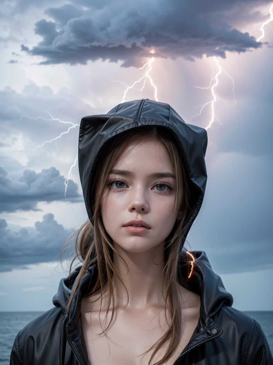 put a black hooded jacket in this image, leave it with lightning powers
