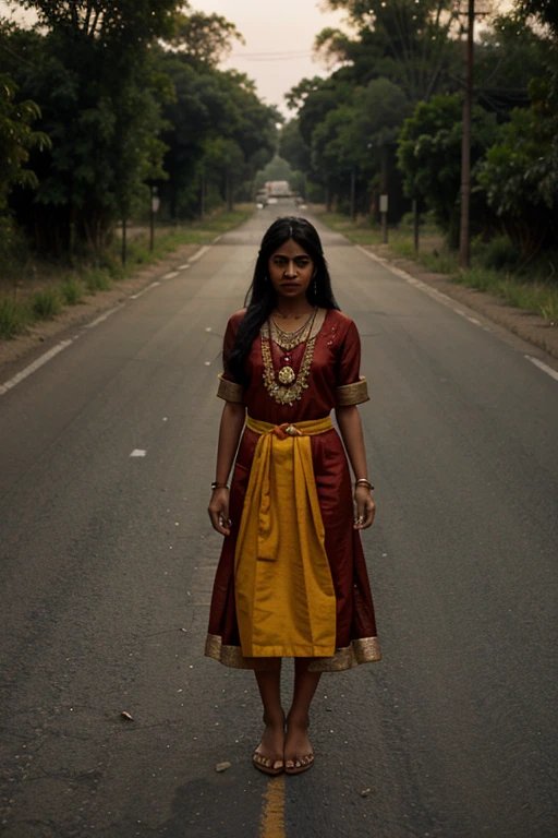 Indian woman in traditional clothing levitating plants on a dark deserted road